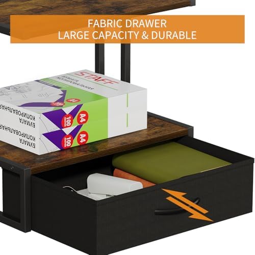 Printer Stand with Storage for Desk, with Fabric Drawer Desktop Printer Stand Shelf Organzier for Home Office, for Above and Under Desk Printer Table, Fax Machine Copier Scanner, Brown - Image 2