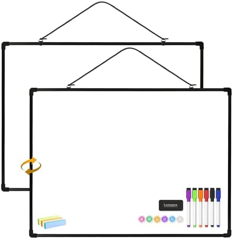 Dry Erase Board for Wall, 24" x 18" Double-Sided Hanging Magnetic Whiteboard with 6 Markers, 6 Magnets and 3 Mini Sticky Notes, Presentation Board for School, Home, Office, Black Frame by Lumspax