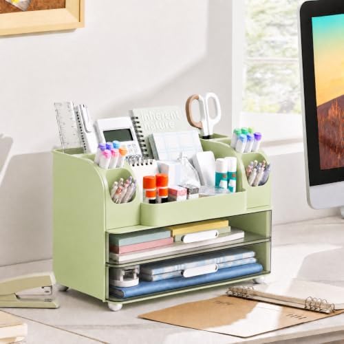 HBlife Desk Organizer with Pencil Pen Holder for Desk, Pen Organizer with 2 Drawers, Desk Organizers and Accessories with Compartments, Desktop Storage for Office, Home, School, Art Supplies, Green - Image 5