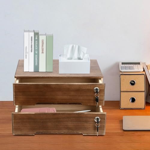 Wooden Desk Organizer with Lockable Drawers, 2-Tier Countertop Storage Cabinet File Cabinet Jewelry Organizer Home Office Supplies Organization Unit (Walnut-2 Lock) - Image 4