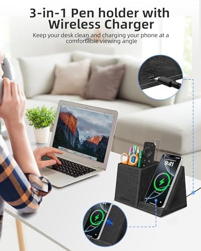 Pen Holder with Wireless Charger, Pencil Holder for Desk, Multi-Functional Desktop Organizer, Desk Organizers and Accessories for Home School Office Supplies, PU Leather Black - Image 2