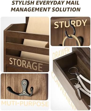 Rebee Vision Mail Organizer Wall Mount with Hooks for Entryway, Retro Brown - Image 4
