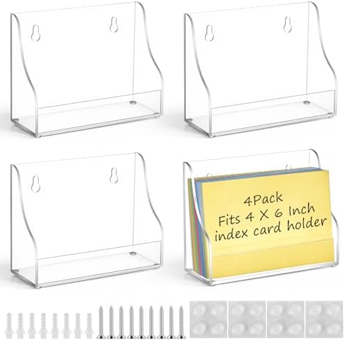 Dunzoom 4 Pack 4x6 Index Card Holder, 2-in-1 Desk & Wall Mounted Acrylic Index Card Display Stand, Includes Screws & Anchors, Clear Notecard Postcard Recipe Organizer for Office, Business, Classroom by Dunzoom