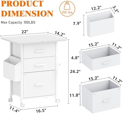 3-Drawer Mobile File Cabinet with 22" Wide Printer Stand, Fabric Under Desk Filing Cabinet with Side Bag & Headphone Hook, Fits Letter/A4 Size Hanging File Folders, Rolling Home Office Organizer,White - Image 3