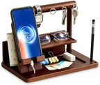 Wood Phone Docking Station for Men - Desktop Nightstand Organizer - Birthday Gifts for Men, Husband, Dad - Anniversary Ideas from Wife - Key Holder, Stand Wallet, Watch & Essentials for Bedroom Office by Vinoil