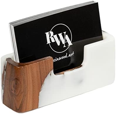 RWA Business Card Holder – Luxury Square Desk Organizer, Stylish Office Decor, Slim Card Holders - Wood & Epoxy Card Display Stand for Men and Women, Office Desk Accessories - SMART, white by RWAresinwoodart