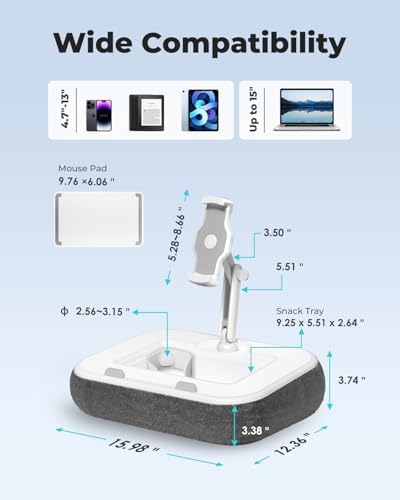 Viozon Kindle Pillow Stand Holder, Phone Holder for Bed, Laptop Lap Desk with Mouse Pad,Compatible with 4.7-13" Kindle/Tablet/Phone,10-15" Laptop, Snack Bowl&Cup Attachment&Detachable 360°Stand Arm - Image 4