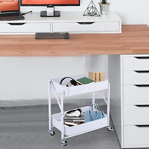 Melody House 2-Tier Metal Folding Rolling Cart, Mobile Utility Cart Trolley Storage Organizer for Office Home Kitchen Organization, Sofa Side End Table with Wheels, White - Image 5