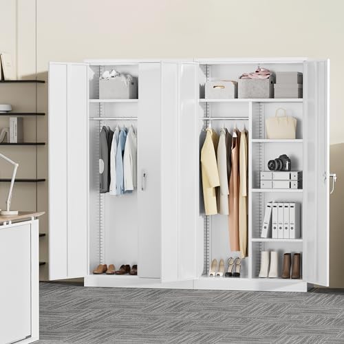 Greenvelly Metal Storage Cabinet with 2 Doors, White 72” Steel Storage Wardrobe Cabinet, Employees Locker Closet Clothing Coat Steel Wardrobe Cabinet with Hanging Rod for Garage, Gym, Home Office - Image 2