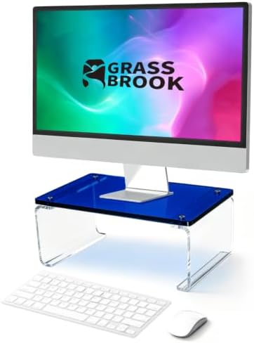 Acrylic Monitor Stand Riser L14" x H5" | Multi-Purpose Desk Organizer for Monitor & Laptop, Compatible with PC, Apple Studio Display and Printer, Ideal for Home Workspaces & Office Desk (Blue) by GRASSBROOK