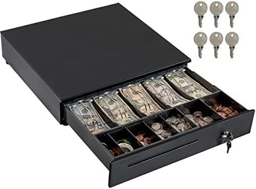 Volcora Cash Register Drawer for Point of Sale (POS) System, 5 Bill/7 Coin, 16" with Adjustable Coin Slots, 12-24V, RJ11/RJ12 Key-Lock, Media Slot, Black by Volcora
