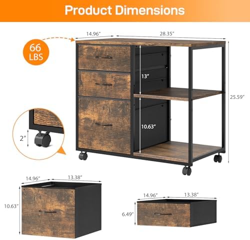 VINGLI 3 Drawer File Cabinet with Wheels Under Desk Printer Stand, Rolling File Cabinet with Shelves Adjustable, Mobile Lateral Filing Cabinet for Home Office, Fits Letter Size, Rustic Brown - Image 3