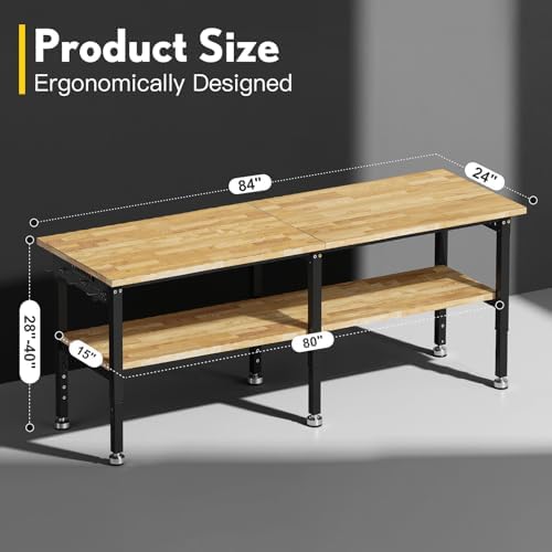 84” Adjustable Work Bench, 2-Layer Heavy Duty Workbench, 6000 LBS Capacity Workbench with Pegboard & Power Outlet, Rubber Wood Work Table for Garage, Office, Workshop, Home - Image 3