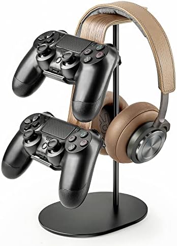 Controller and Headset Holder, Aluminum and Wood Gaming Controller & Headphone Stand for PS5 PS4 Xbox One Nintendo Switch, Universal Desk Game Accessories by QinCoon