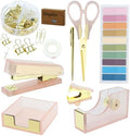 MultiBey Pink Gold Acrylic Sticky Notes Holder Stapler and Tape Dispenser Cutter with Sticky Notes, 950 Staples & Tape, Staple Remover, Scissor, Ballpoint Pen, Paper Clips Set for Women Office Home by MultiBey