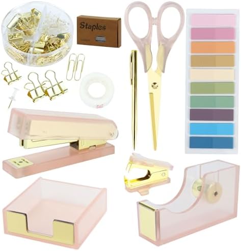MultiBey Pink Gold Acrylic Sticky Notes Holder Stapler and Tape Dispenser Cutter with Sticky Notes, 950 Staples & Tape, Staple Remover, Scissor, Ballpoint Pen, Paper Clips Set for Women Office Home by MultiBey