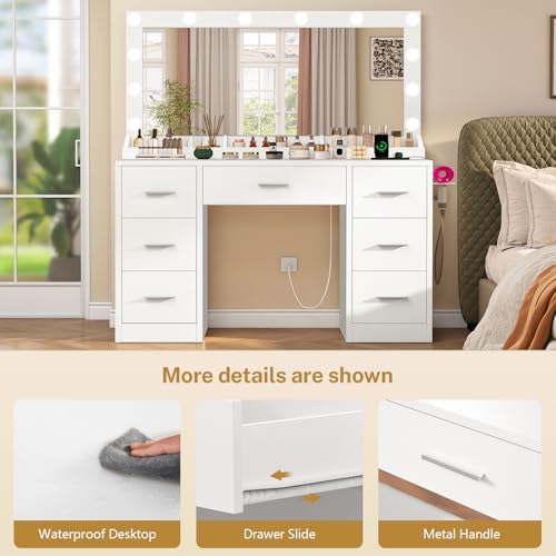 FIONESO Vanity with Large Mirror and 12 LED Lights, Vanity Desk with 7 Drawers & Hairdryer Holder, Makeup Vanity Desk with Charging Station for Women, Girls, 3 Lighting Color Adjustable, White - Image 7