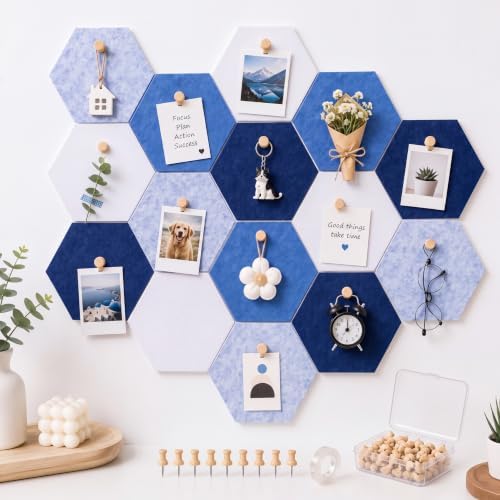 6.7 x 5.9 in 16 Pcs Hexagon Cork Board Tiles, Felt Pin Boards, Blue by Mindsoft