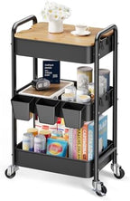 3 Tier Storage Rolling Cart with Wood Table Top on Lockable Wheels（Black） by Unknown