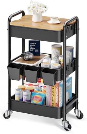 3 Tier Storage Rolling Cart with Wood Table Top on Lockable Wheels（Black） by Unknown