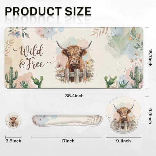 Arttown Keyboard Mouse Pad Set, 4 in 1 Desk Mat Set Cow Boho - Image 2