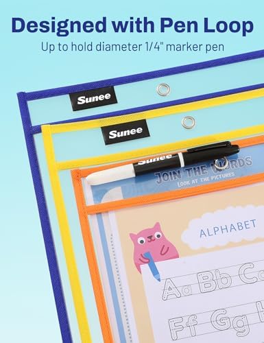 SUNEE 100 Packs Oversized Reusable Dry Erase Pocket Sleeves with 5 Rings, 10 Assorted Colors 10x14 Ticket Holders, Clear Plastic Sheet Protectors, Teacher School Classroom Supplies - Image 4