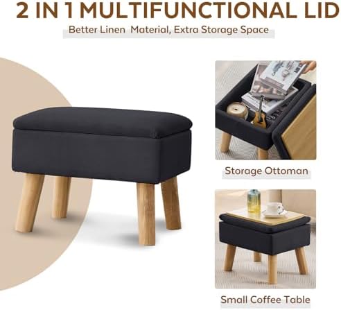 Storage Ottoman, Small Foot Stool Ottoman with Storage, Linen Foot Rest with Wood Legs, Footstool for Living Room, Bedroom, Entryway, Black - Image 5