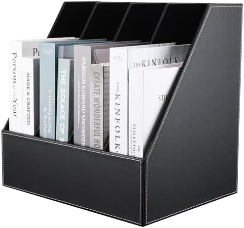 KINGFOM 4-Slot Wood Leather Document Files Holder Rack Stand Desk Files Organizer Papers Collection Cabinet (4 slot Black) by KingfomLeatherHomeOfficeDecor