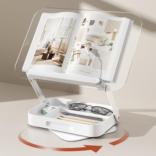 BYMECOST Acrylic Book Stand for Reading, Book Stand with Storage, White by BYMECOST