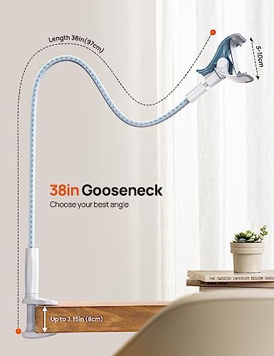 Aomiker Gooseneck Phone Holder for Bed - [Upgrade Nylon Braid] 38” Flexible Lazy Arm Clip, 360 Adjustable Overhead Phone Mount for iPhone 16 15 14 13 12 11 Pro Max Mini Plus, 4-7" Cellphone - White - Image 4