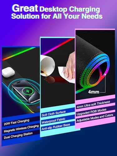 Magnetic Charging Mouse Pad 31.5x15.75, 15W Fast Wireless Charging Desk Mat, XXL Desk Pad RGB Gaming Mousepad, Home Office Large Keyboard Pad with Ultra-Smooth Surface, Non-Slip Base - Image 6