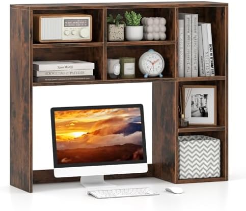 GOFLAME 7 Cubes Desktop Bookshelf, 37” Desk Organizer Shelf with 3 Adjustable Shelves, 3-Tier Wood Countertop Display Rack, Multipurpose Tabletop Desk Hutch for Dorm, Home Office, Rustic Brown by GOFLAME