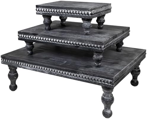 MAONAME Wood Display Risers Set of 3, Vintage Black Wooden Pedestal Stand by MAONAME