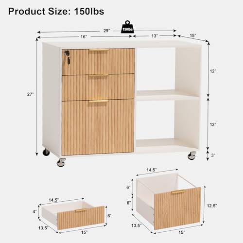 INNOD 3 Drawer Fluted Mobile Filing Cabinet with Lock, Lateral Rolling Under Desk File Cabinet, Wooden Printer Stand Table for Home Office Essentials Storage Organization Furniture Letters/A4(Oak) - Image 2