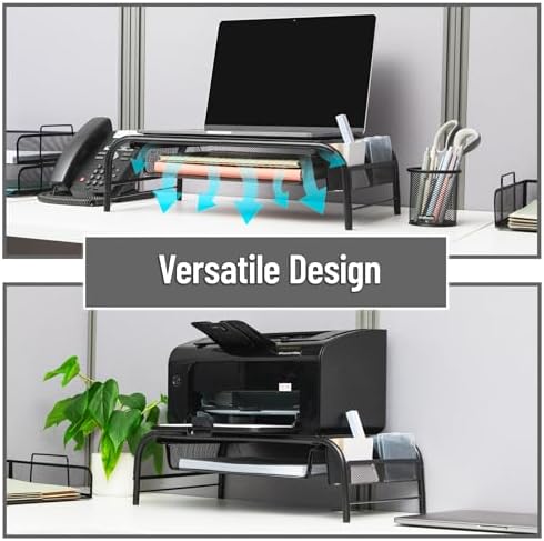 Mind Reader Monitor Stand, Ventilated Laptop Riser, Paper Tray, Office, Metal Mesh, Set of 2, Black - Image 6