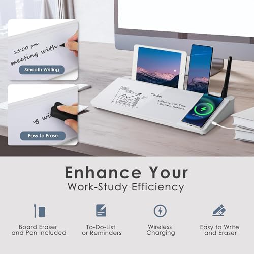 SHANTRA 16'' x 7'' Desktop Whiteboard with Wireless Phone Charger, Desk Dry Erase Board with Organizer, Computer Pad & Keyboard Stand, Small whiteboard for Home, School, Office, Desk Accessories - Image 2