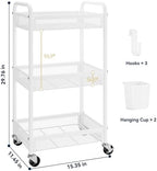 YASONIC 3 Tier Metal Rolling Cart, White Utility Storage Cart with Wheels - Image 6