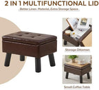 Storage Ottoman, Small Foot Stool Ottoman with Storage, Faux Leather Foot Rest with Wood Legs, Footstool for Living Room, Bedroom, Entryway, Brown - Image 5