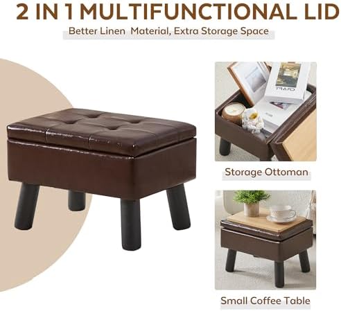 Storage Ottoman, Small Foot Stool Ottoman with Storage, Faux Leather Foot Rest with Wood Legs, Footstool for Living Room, Bedroom, Entryway, Brown - Image 5