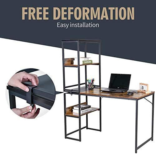 UNICOO® 3 Combination L Shaped Corner Desk with Shelves, Computer Desk with Drawers, Home Office Writing Study Bookshelf Desk Combo, Multi-Function 4 Tier Reversible Storage Bookshelf (XJH-2402) - Image 5