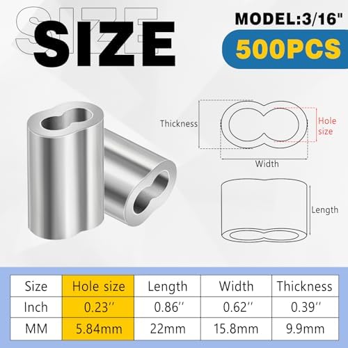 500 Pcs 3/16" Aluminum Crimping Loop Sleeve, Cable Crimps Ferrules, Silver - Image 2