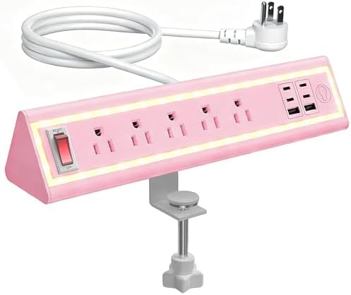 Desk Clamp Power Strip with Nightlight, 40W Fast Charging, 10FT Extension Cord, 4x20W USB-C & 2 USB Ports, 5 AC Outlets, Fits 1.69-Inch Table Edges by NYYTGE