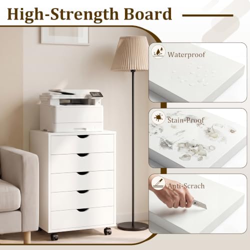 5 Drawer Rolling Storage Cabinet, Mobile File Cabinet for Office, White - Image 6