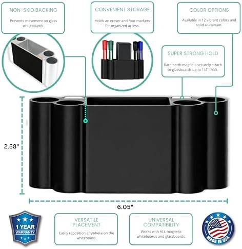 Glassboard Studio Magnetic Dry Erase Marker Holder - Super Strong for Magnetic Glass Whiteboard or Fridge - 2 Large Neodymium Magnets - No Slip Grip - Eco-Friendly PLA Plastic (Jet Black) - Image 2