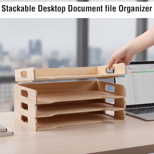 Yinkin Wooden Stackable Paper Trays 4-Tier Wooden Paper Organizer for Desk Letter Documents Wood Desktop File Organizers for Desktop File Holder and Office Supplies Rack for Home Office Use (Natural) - Image 6