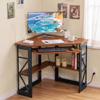 VECELO Corner Desk, Triangle Computer Desk for Small Space with Charging Station and Keyboard Tray, Corner Makeup Table with Storage Shelves for Home Office Bedroom, 41x30, Teak Brown - Image 7