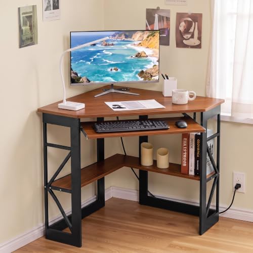 VECELO Corner Desk, Triangle Computer Desk for Small Space with Charging Station and Keyboard Tray, Corner Makeup Table with Storage Shelves for Home Office Bedroom, 41x30, Teak Brown - Image 7
