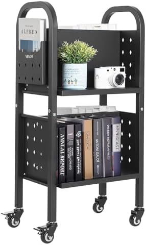 VEVOR Rolling Library Book Cart, 150 lbs Capacity, 17.7 x 13.0 x 34.6-Inch Library Cart, Double Sided L-Shaped Shelves with 2-Inch Lockable Wheels, Book Truck for Home Shelves Office and School, Black by VEVOR