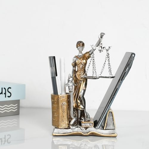 Lady Justice Statue Pen Holder Greek Roman Goddess of Justice Pen Stand Resin Figurine for Home Decor Law Office Desk Decor Ideal Gift for Lawyer Friends(Gold and Silver) - Image 4