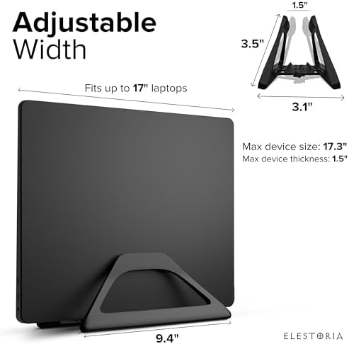 Elestoria Aluminum Vertical Laptop Stand with Gravity Auto-Lock – Adjustable Laptop Holder Vertical fits MacBook Pro/Air, Chromebook & Gaming Laptops up to 17.3" – Space-Saving Desktop Dock - Black - Image 2